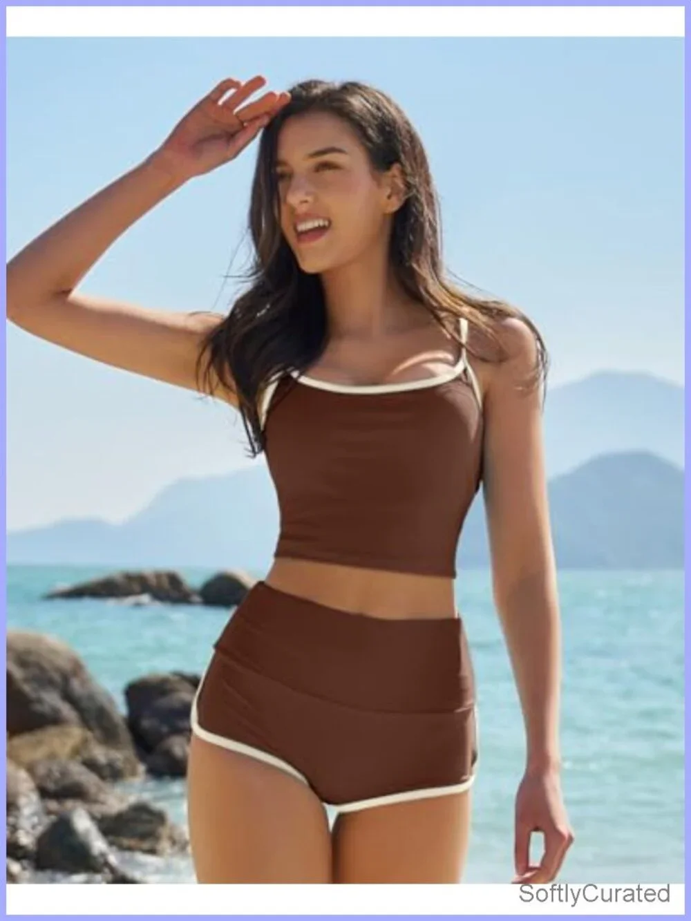 Two Piece Swimsuit Spaghetti Strap Crop Top High Waisted Boyshort Bikini Set
